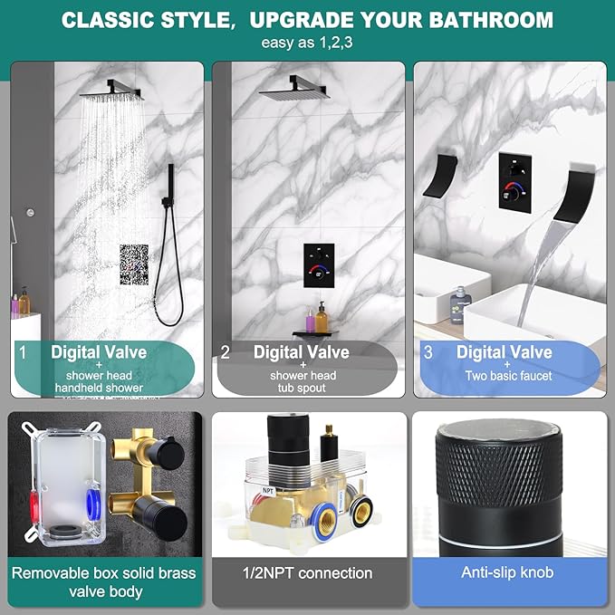 3 Way Shower Mixer Valve Temperature Display with Trim Kit, Digital Shower Diverter Mixing Brass Valve Body for Shower Faucets, Black