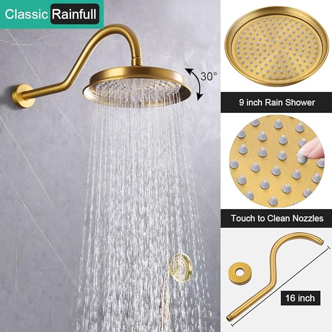 Brushed-Gold Antique Shower System with Jets: 9 inch Rain Faucet Sets Complete Wall Rainfall Head and Handheld Spray Fixtures Combo, 3 Way Diverter Brass Rough in Valve Trim Kit