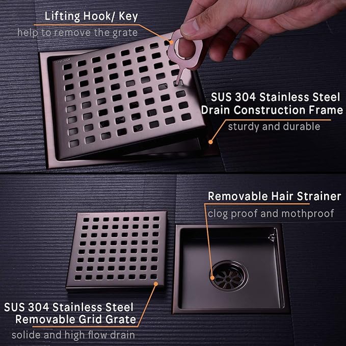 Square Shower Floor Drain with Removable Cover Grid Grate 6 inch Long, SUS 304 Stainless Steel Brushed Bronze Finished