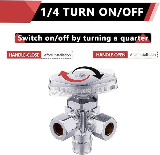 (Pack of 20) EFIELD Dual Outlet Angle Stop Valve, Multi-Turn, 1/2" Expansion F1960 Pex-a Pipe Inlet x (3/8 inch x 3/8 inch) Compression Outlet,(VALVE066-20PCS)