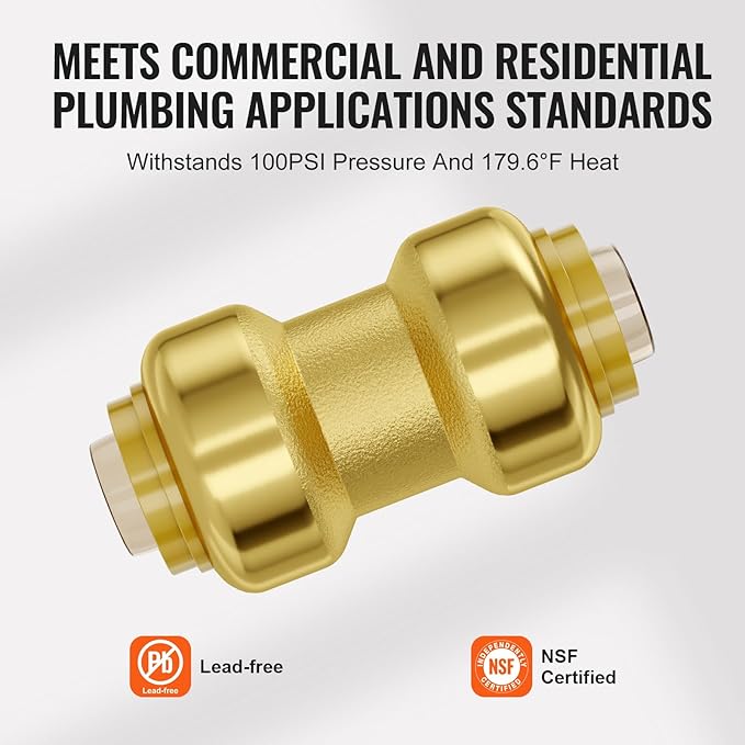 VEVOR Pipe Fittings, 3/4" 12PCS Brass Pipe Fittings, Straight-Through Push-Fit Pipe Connector Brass Air Fittings, Heavy Duty Plumbing Fittings Adapter for Heating/Shower Systems, Water Pipes
