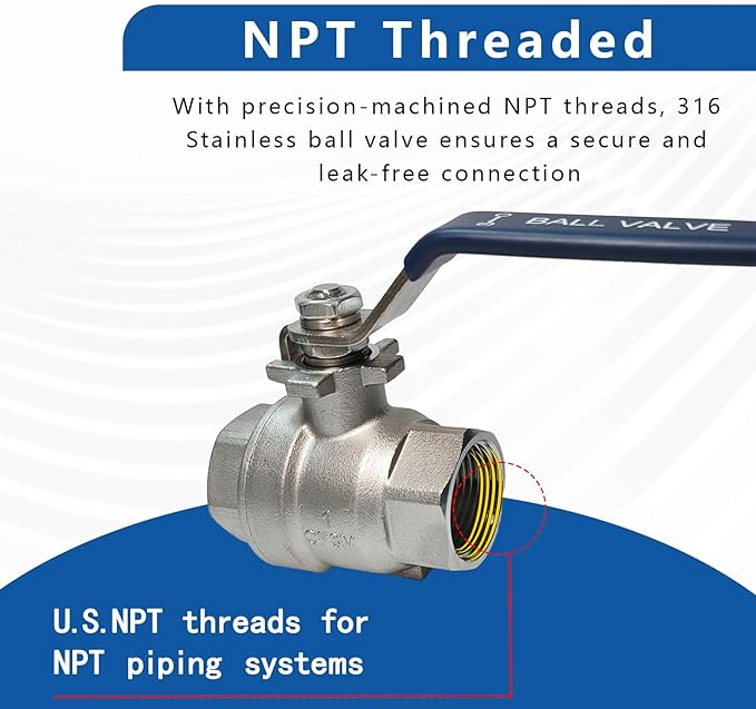 1" 316 Stainless Steel Ball Valve Female, 2-Piece Full Port NPT Threaded, 1000 WOG, High Pressure Corrosion Resistant Shut Off Valve for Water/Oil/Gas, Industrial Plumbing Valve (2-Pack)