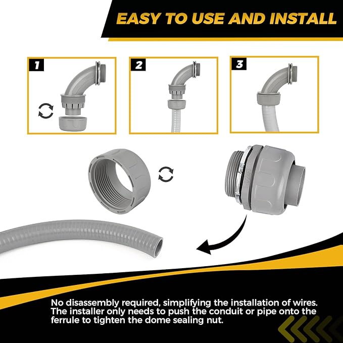 Conduit Connectors, 1-1/2 Inch Liquid Tight Connector NPT Non-Metallic for PVC Electrical Flexible Conduit Fittings, 4 Straight and 2 Angle 90 Degree, UL Listed, Grey (6-Pack)
