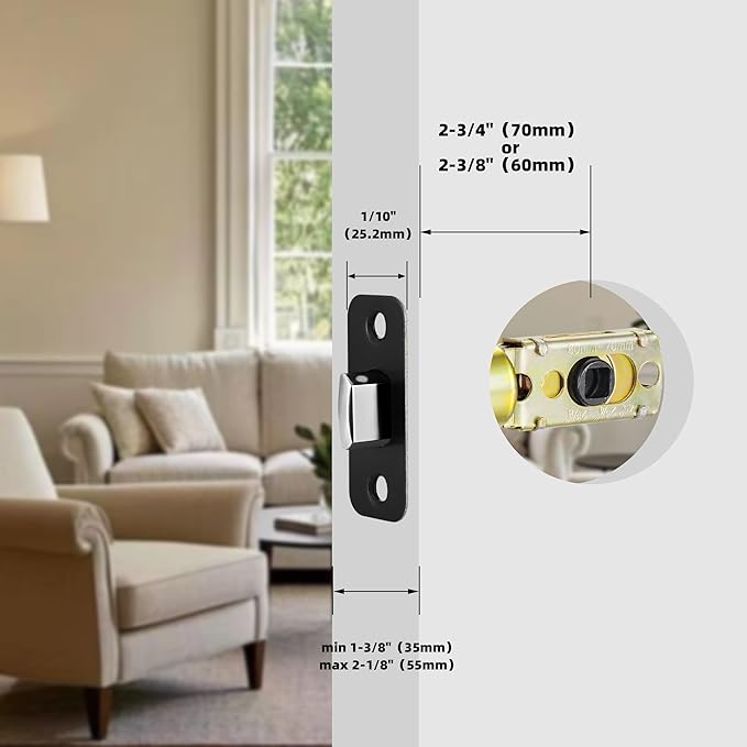 Matte Black Adjustable Door Latch 60 or 70mm, 45° Turning Angle, Door Lock Replacement Parts with Door Strike Plate, Wood Dowel, Dust-Boxes