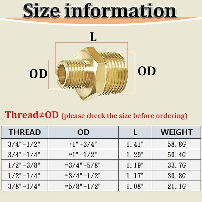 1/2" x 3/8" NPT Male Threaded Reducing Nipple Pipe Fitting Adapter, Brass 1/2 inch MNPT x 3/8 inch MNPT Hex Nipple Reducer, Heavy Duty Pipe Reducer Straight Connector