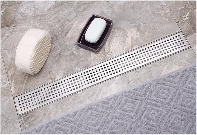 Neodrain 24-Inch Linear Shower Drain with Quadrato Pattern Grate,Brushed 304 Stainless Steel Rectangle Shower Floor Drain,Linear Drain with Leveling Feet,Hair Strainer