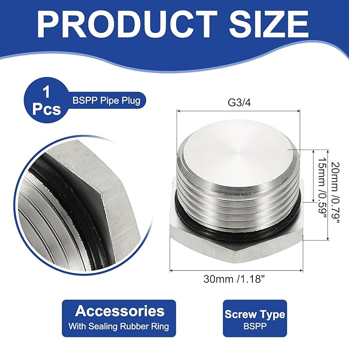 MECCANIXITY BSPP Pipe Plug Fitting, 304 Stainless Steel G1 Male Outer Hex Thread for Plumbing Fixed with Sealing Rubber Ring