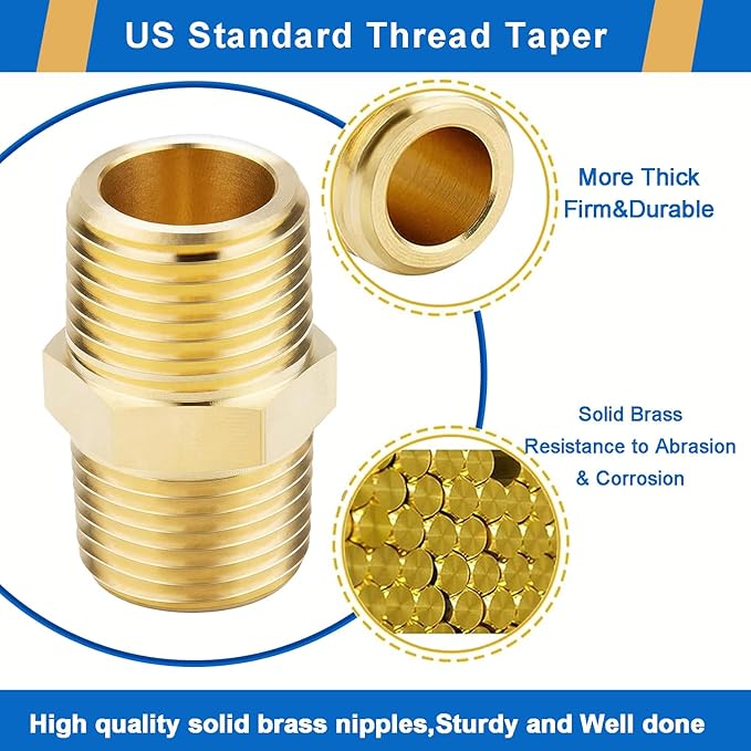 4PCS Hex Nipple 3/4"NPT x 3/4" NPT Male Solid Brass Pipe Fitting, 3/4 inch Brass nipple Male Threaded Pipe Adapter Fittings Equal Nipples Connectors Couplings