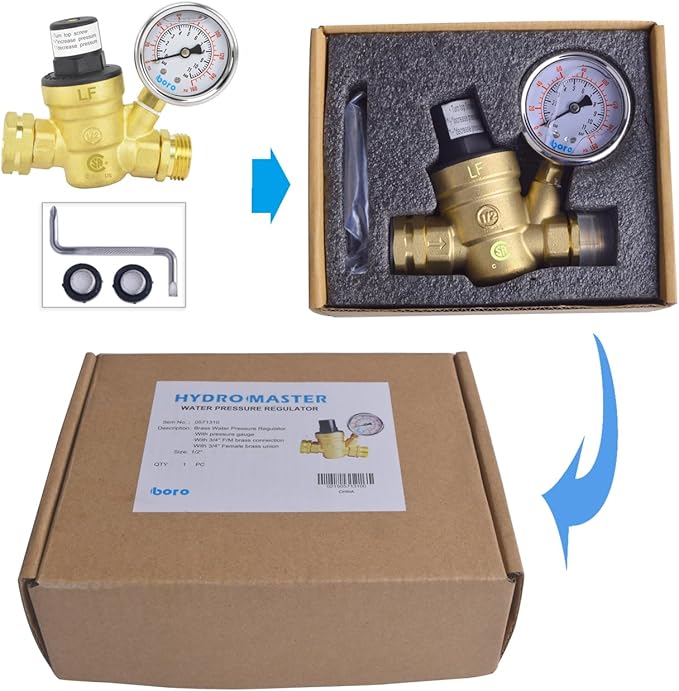 HYDRO MASTER Water Pressure Regulator Brass Valve with Gauge for RV Camper, Pressure Range 0-160PSI / 0-11Bar