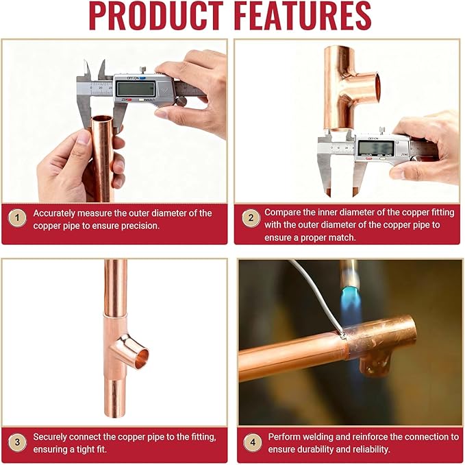 3/8" Copper Tee,Copper Three-Way Fitting Welding Joint, Sweat Solder Connection for Residential and Commercial Plumbing, HVAC Air Conditioning Systems (5 Pack)