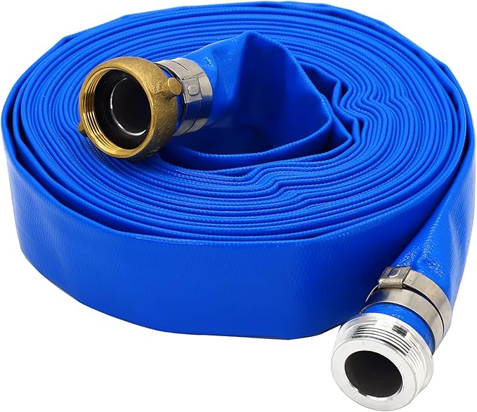 DAVCO 2" ID × 50 ft Pool Backwash Hose, Heavy Duty Reinforced Blue PVC Lay Flat Water Discharge Pump Hoses For Swimming Drain Pools and Clean Filters, With Aluminum Pin Lug Fittings
