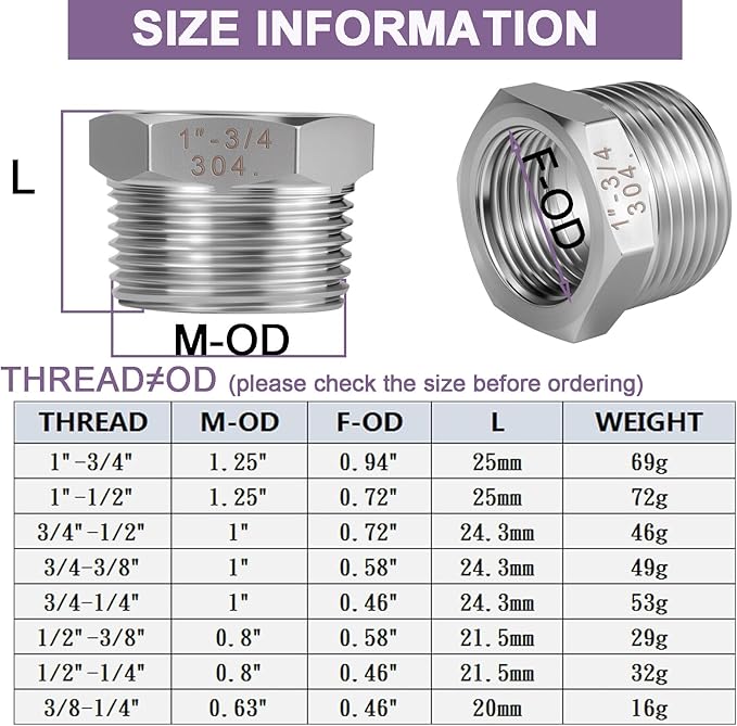 Jingzan 4 Pack 304 Stainless Steel Reducer Hex Bushing 1" Male NPT × 3/4" Female NPT Pipe Fitting Adapter with Seal Tape (1 MNPT × 3/4 FNPT)