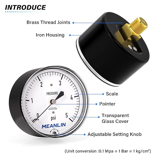 MEANLIN MEASURE 0-5psi Diaphragm Type Capsule Low Pressure Gauge 1/4" NPT 2-1/4" FACE DIAL Adjustable Water Column Gauge, with 1/2" NPT and 3/8" NPT Hex Bushing, Back Mount