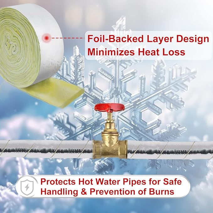 HEATIT Foil-Backed Fiberglass Pipe Wrap, Pipe Insulation Wrap for Outdoor,Foam Wrap for Freezing Weather Protection,3" Wide x 1" Thick x 25' Long (1Pack)