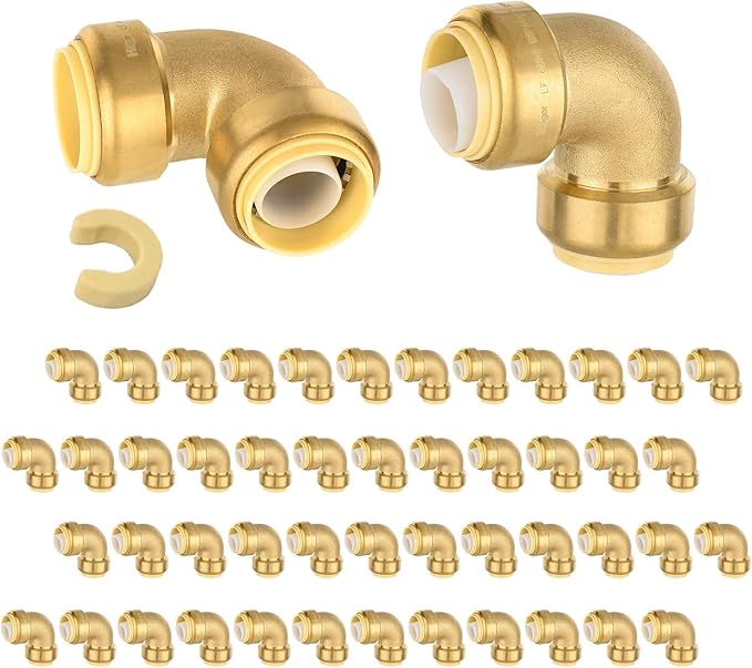 (Pack of 50) Niikappu 3/4 Inch x 3/4 Inch Elbow Brass Fitting, Push to Connect Brass Plumbing Fitting, PEX, Copper, CPVC, PE-RT Pipes
