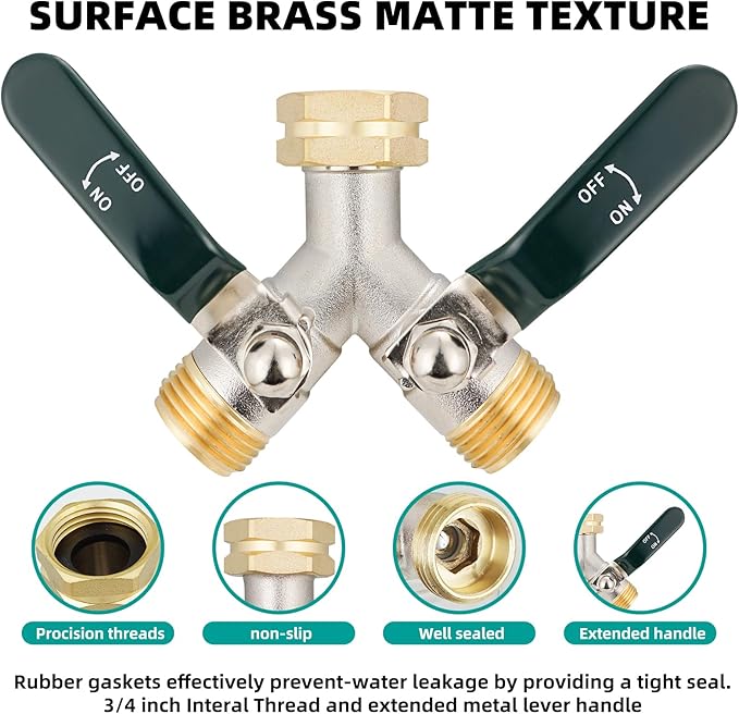 Hose Splitter 2 Way, Brass High Flow Garden Hose Splitter Heavy Duty, Hose Connector, Water Spigot Splitter, Faucet Splitters with shutoff, 3/4” GHT Inlet