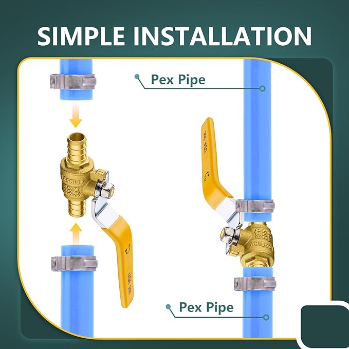 20 Pack Ball Valves, 1/2" Pex Crimp Shut Off Valve Yellow, Brass Full Port Pex B Shut Off Ball Valve for Hot and Cold Water, NSF/ANSI 61 Certified