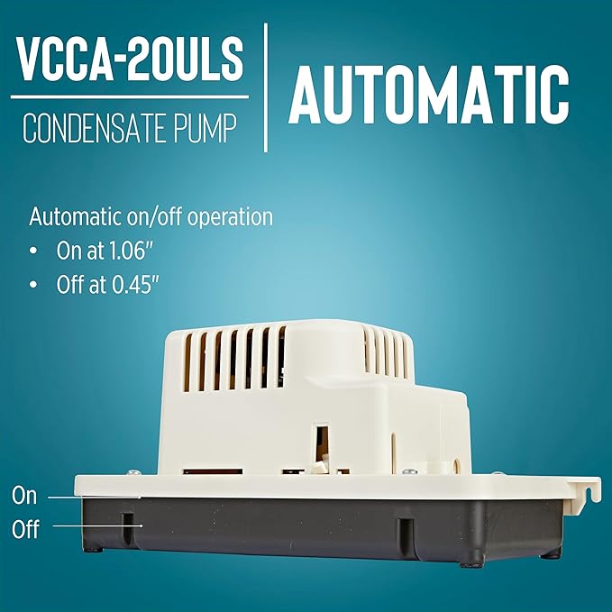 Little Giant VCCA-20ULS 115-Volt, 60 Hz, 1/30 HP, 80 GPH Low-Profile Automatic Condensate Removal Pump with Safety Switch, White/Black, 554201101