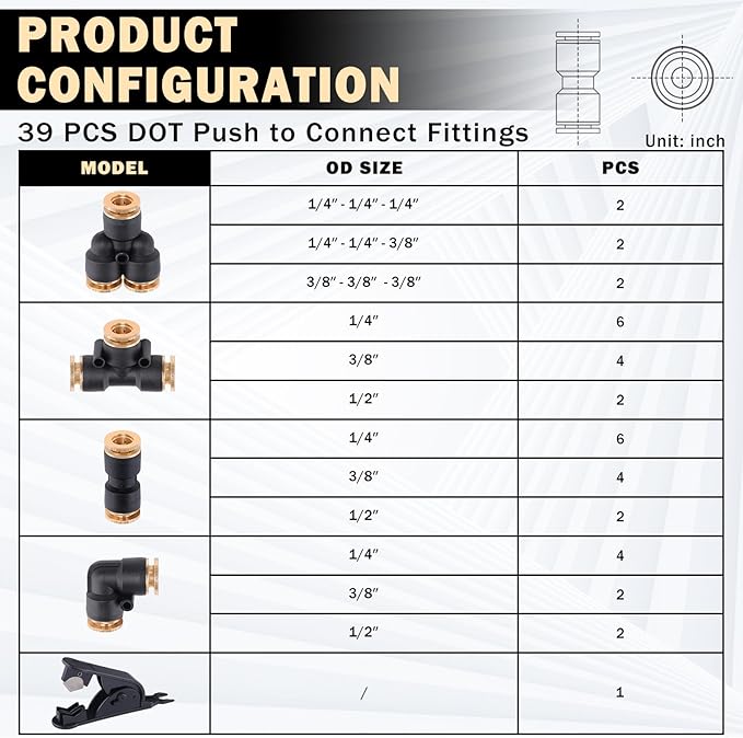 CheeMuii 39 PCS DOT Air Line Quick Connect Fittings 1/4" 3/8" 1/2" Push to Connect Fittings DOT Brass Air Hose Fittings Repair Kit for Semi Truck Air Line Kit or Industrial Air System