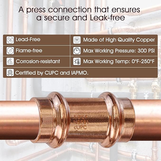 Copper Press Fittings,1/2inch Copper Coupling with Stop 1/2-Inch PxP Zero Lead,Outer Diameter 5/8”,12PK Press Fittings 1/2” Coupling with Stop for Plumbing,Use with Hydraulic Press Fitting Tool