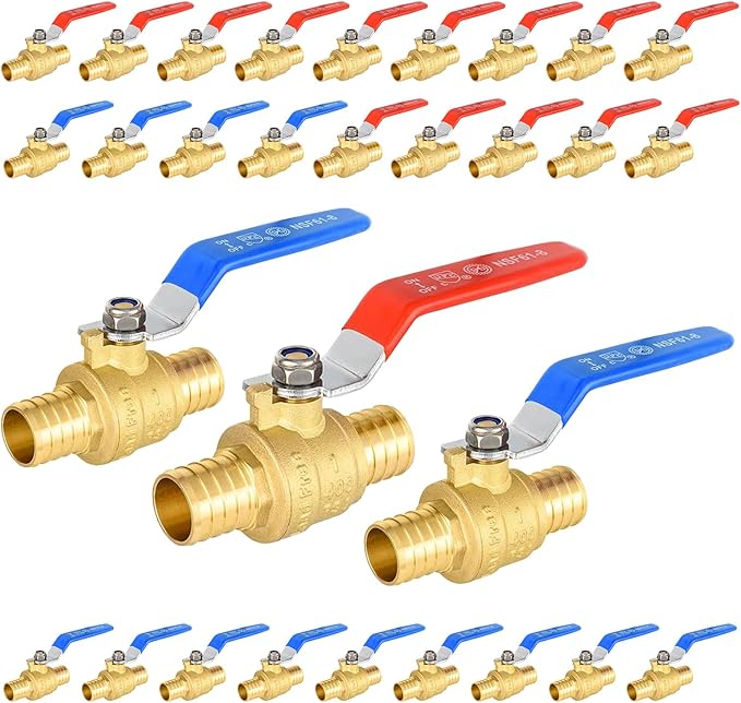 30-Pack Foskan 1" PEX Crimp Ball Valve, Brass Quarter Turn Full Port Shut-off Valve for PEX Tubing(Blue and Red)