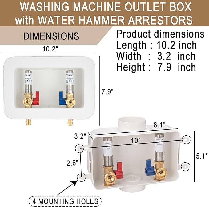 [1 Piece] Lingmfg Washing Machine Outlet Box PEX-A Expansion with Hammer Arrestors and 2 inch Central Drain, 1/2 inch PEX-A Expansion, Connection 3/4 inch Washing Machine Hoses LING-WMOB-W-SSWHA-3