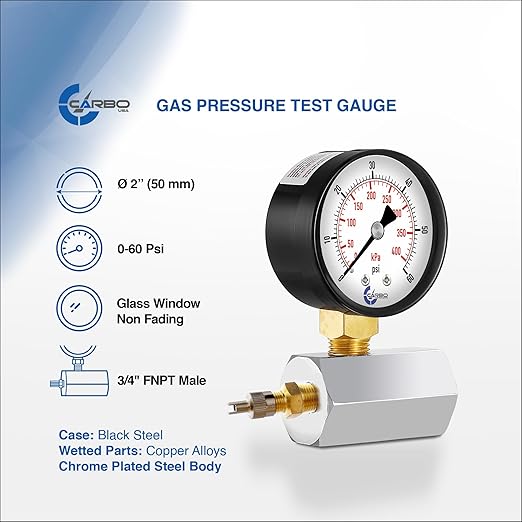 Gas Test Pressure Gauge 60 Pound, 60 PSI / 400 kPa, 3/4” FNPT Connection, Brass Valve, Chrome Plated Steel Body Assembly.