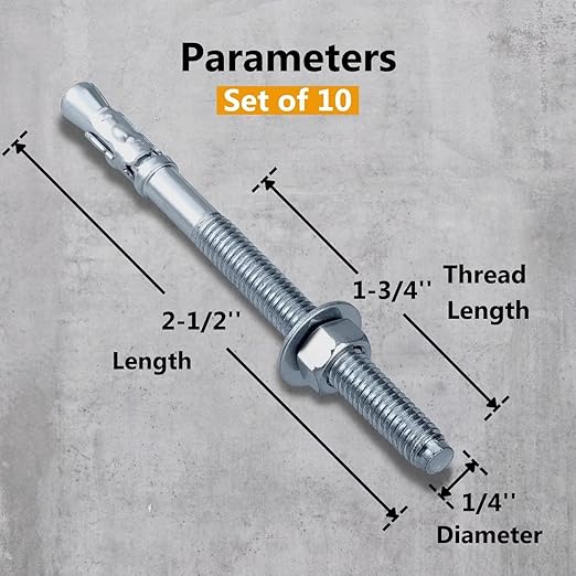 Party Animals 1/4 x 2-1/2 Inch Wedge Anchor, 10 PCs Zinc-Plated Industrial Anchor Bolts for Cement, Concrete