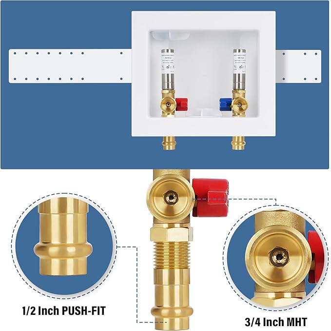 Press Washing Machine Outlet Box with Stainless Steel Water Hammer Arrestor, with Center Drain, 1/2 Inch Press x 3/4 Inch MHT, Washer Faucet Recessed Box, Laundry Washer Valve Outlet Box