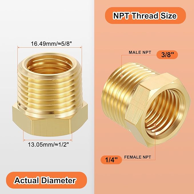3 Pack Male to FeMale Adapters, 3/8" Male NPT x 1/4" FeMale NPT Brass Hex Bushing Reducer W/Sealing Tape for Industrial, Automotive, Fluid Transfer, Home Gardening, Water Treatment