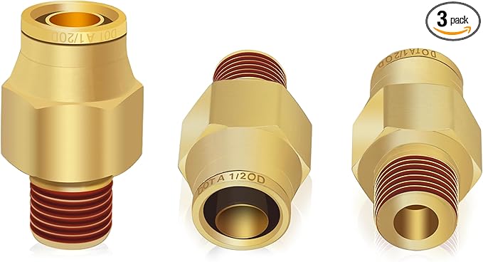1/2" Brass Push to Connect DOT Air Brake Fittings, 3PCS Air Line Quick Connect Fittings 1/2" Tube OD x 1/4" NPT Connector Tube to Male Pipe for Truck Trailers Air Brake System