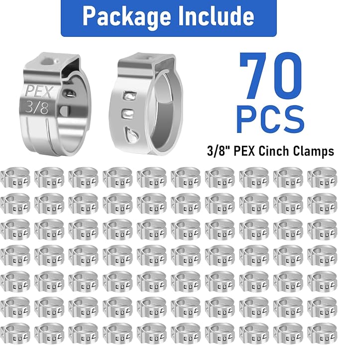 Kodilin 70-Pack 3/8 Pex Crimp Rings, Heavy-Duty 304 Stainless Steel Single Ear Pex Clamps Wider & Thicker Pex Cinch Clamps for Superior Grip & 360° Seal, Fits PEX Tubing Pipe Fitting Connections