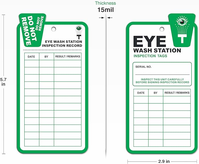 Eye Wash Station Inspection Tags - 50 Pack, Yearly Monthly Eyewash Inspection Station Tags, RP-Plastic, OSHA Approved, Waterproof