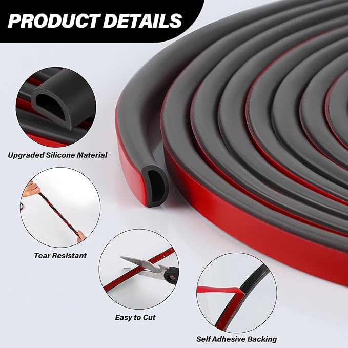 Silicone Weather Stripping Door Seal, 20FT Self Adhesive D-Shaped Door Weather Stripping for Door Frame＆Window Seal