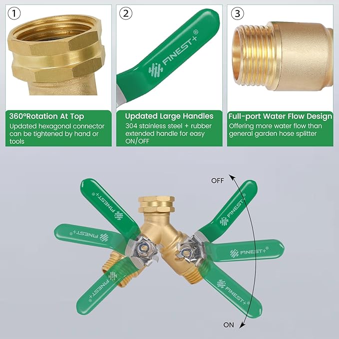 Garden Hose Splitter 2 Way, Heavy Duty Brass Y Valve Garden Hose Splitter With Stainless Steel Long Handle, Full Flow Hose Splitter Connector, Y Valve 3/4 Inch GHT Thread