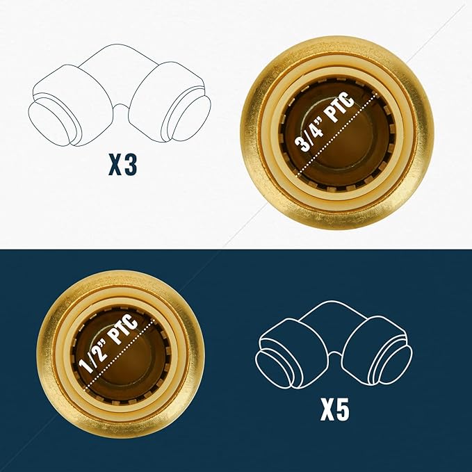 SUNGATOR Push Fitting Set, 1/2 Inch Plumbing Fitting Elbow (5 PCS), 3/4 Inch Plumbing Fitting Elbow (3 PCS), No Lead Brass Push to Connect Pex, Copper, CPVC, with 2 Disconnect Clips, Pack of 8