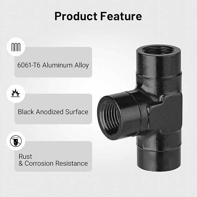 EVIL ENERGY 1/8 NPT Female Tee Fitting Adapter T Union Aluminum Black