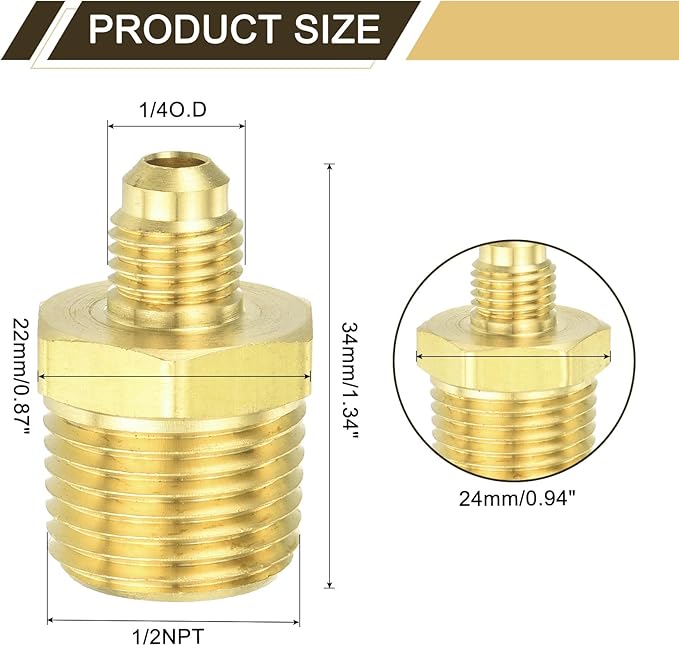 uxcell Brass Tube Fitting, 1/4O.D x 1/2NPT Brass Flared Pipe Adapter Fittings Reducing Nipples Connector, Half Union Gas Adapter for Pipe Connections, Hydraulics, Refrigeration