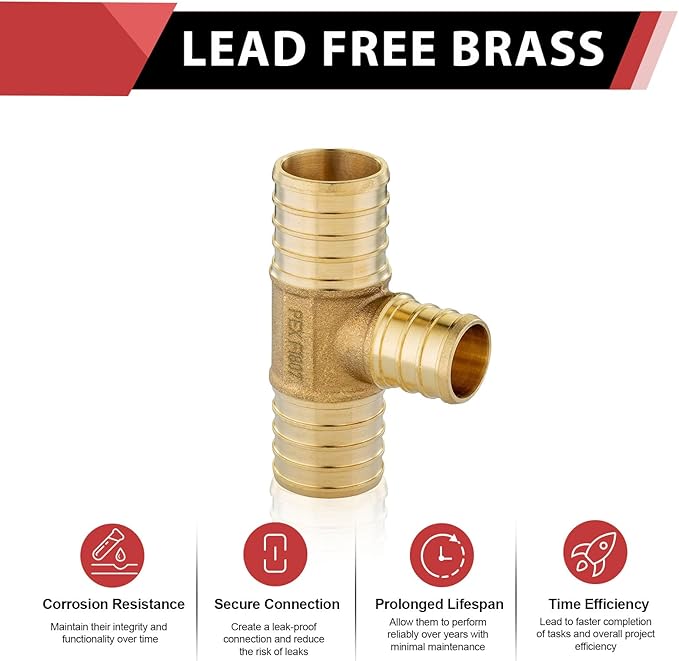(Pack of 3) EFIELD 1" x 1"x 3/4" Barb Crimp Pex Reducing Tee Brass Fittings, ASTM F1807,(PEX1807090-3PCS)