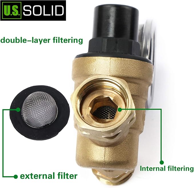 U.S. Solid 3/4" GHT RV Water Pressure Regulator, Adjustable Lead-Free Brass Water Regulator Valve with Gauge & Filter for RV, Camper & Garden Hose