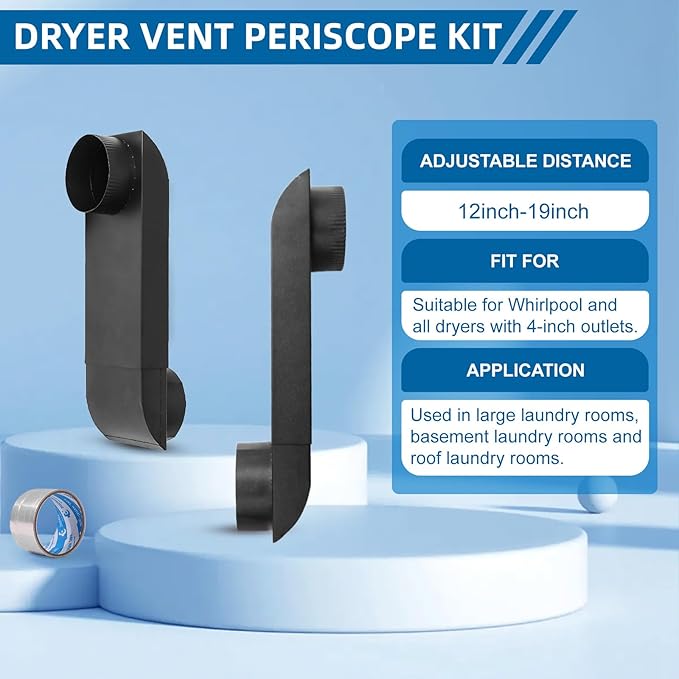 OEM Upgrade 12-19in Adjustable Dryer Vent Periscope - Telescoping Vent Duct for Tight Spaces, Space Saver Dryer Vent Adapter, low profile dryer vent duct,Fits Whirlpool & All 4in Dryer Outlets