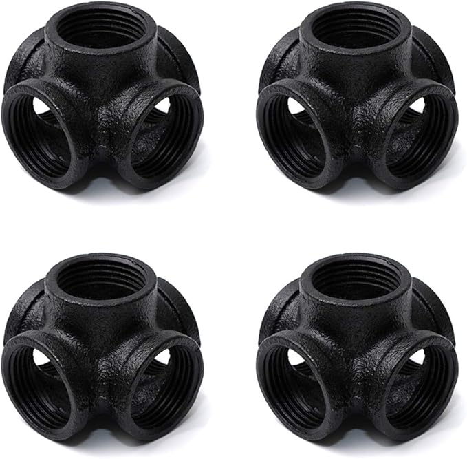 1" Black 5-Way Side Outlet Tee, Home TZH 4-Pack 5-Way Corner Black Malleable Cast Iron Pipe Fitting for Industrial Pipe, Furniture and DIY Decoration (4, Black 1 Inch)