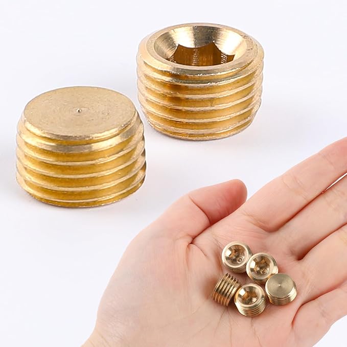 5 PCS 3/8" NPT Male Pipe Plug Fitting Set Brass Hex Counter Sunk Pipe Plug for Closing the End of Pipes, Internal Hex Socket Thread Socket Plugs Kit