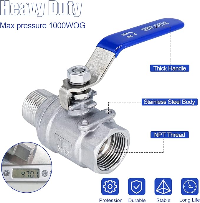 1 Inch Ball Valve, Heavy Duty Male NPT (MNPT) X Female NPT (FNPT) Thread Shut-Off Valve, 304 Stainless Steel NPT Full Port Forged 1" Ball Valve for Water Oil and Gas, 1000 WOG (2 pieces)