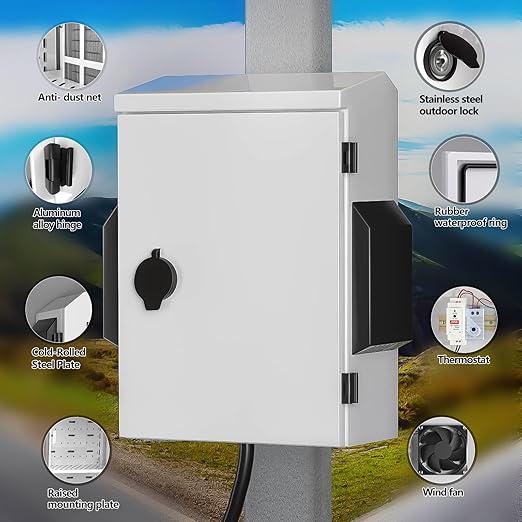 Outdoor Electrical Box with Thermostat and Fan, Cold-Rolled Steel Plate, Aluminum Alloy Back Beam, One-Piece Ventilation Design, IP65 Waterproof, Wall/Pole Mounted. (15.7" x 11.8" x 5.9")