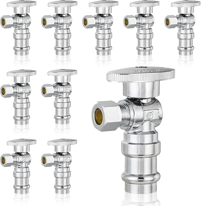 10-Pack GUOFIS Angle Stop Valve,1/2" Nominal Press Inlet x 3/8" OD Compression Outlet,1/4-Turn Shut-off Valve for Potable Water(Chrome Plated)(VALVE393)