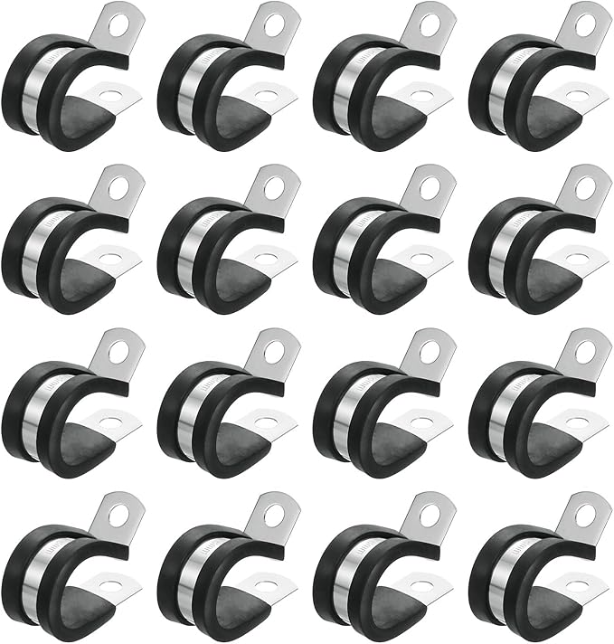 uxcell 3/4"(18mm) Cable Clamp, 304 Stainless Steel Rubber Cushioned Insulated Clamp R Shape Metal Clamp Tube Holder for Pipe Hose Wire Cord Installation 16Pcs