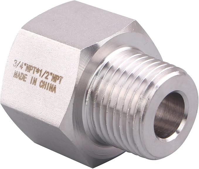Forged Reducer Adapter Fitting - Stainless Steel 304 Reducing Pipe Connector, 3/4" NPT Female x 1/2" NPT Male (pack of 5)