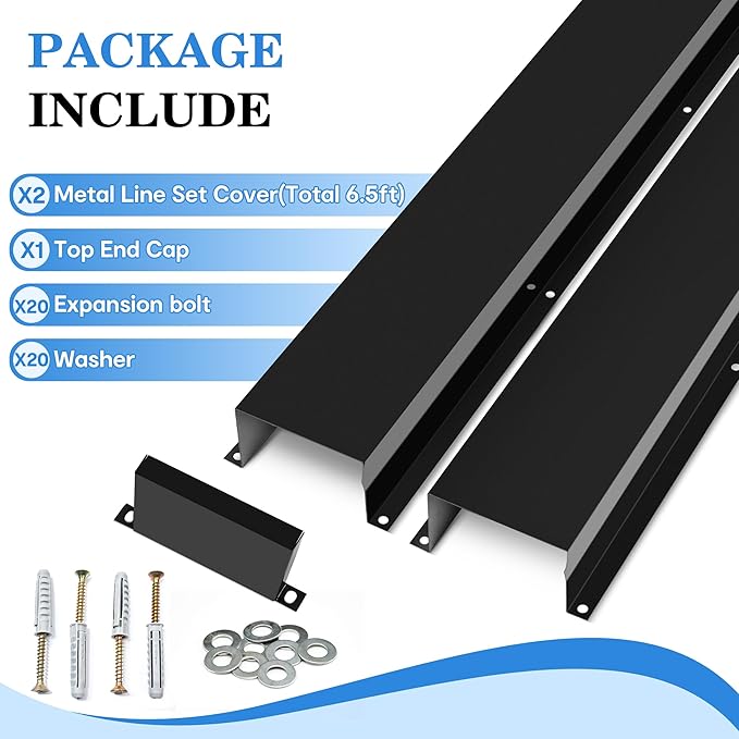 LyPrem 3" W x 6.5Ft L Metal Line Set Cover Kit - Decorative AC Pipe Cover for Ductless Mini Split/Central Air Conditioner/Heat Pump Systems, Black