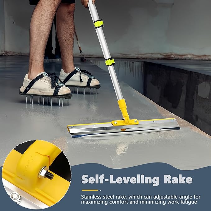 Self-Leveling Cement Tool Kit, Stainless Steel Scraper Self-Leveling Rake, Spike Roller, Floor Construction Roller, Spiked Shoes, Telescopic Pole for Beginners, Professionals